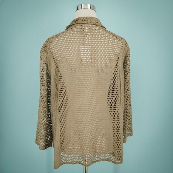 Chico's 3 Size XL Tan Open Knit Novelty Drape Mesh 3/4 Sleeve Cardigan Jacket - Picture 2 of 6